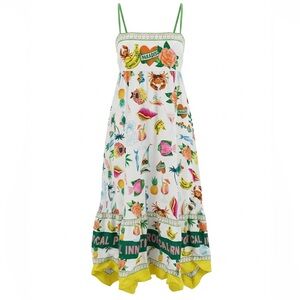 Rachel Zoe Paradiso linen Maxi Dress smocked tropical sundress LARGE adjustable